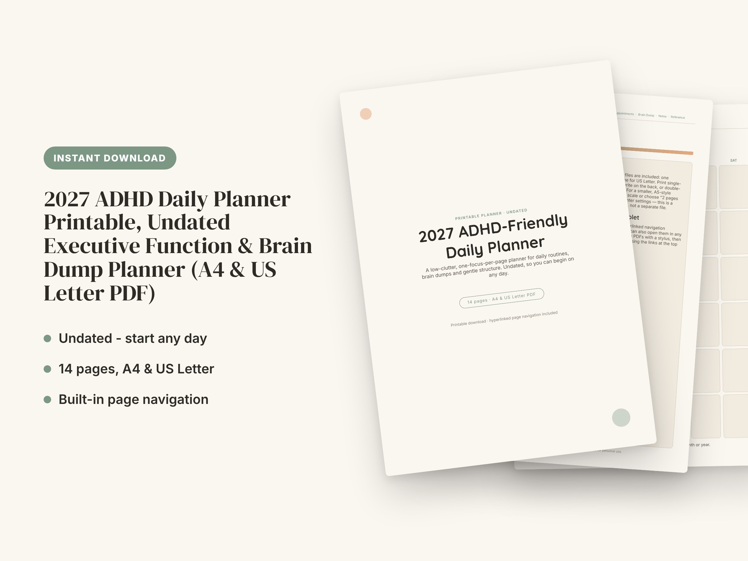 2027 ADHD Daily Planner Printable, Undated Executive Function & Brain Dump Planner (A4 & US Letter PDF)